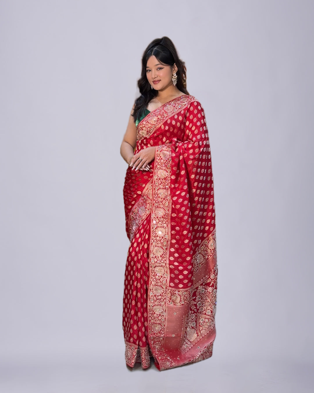 Ruby Radiance Bridal Charm – Satin Silk Handwork Saree