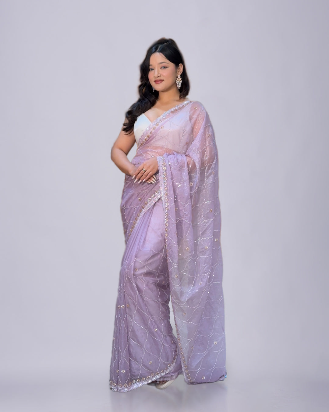 Lavender Whisper Elegance – Premium Tissue Handwork Saree