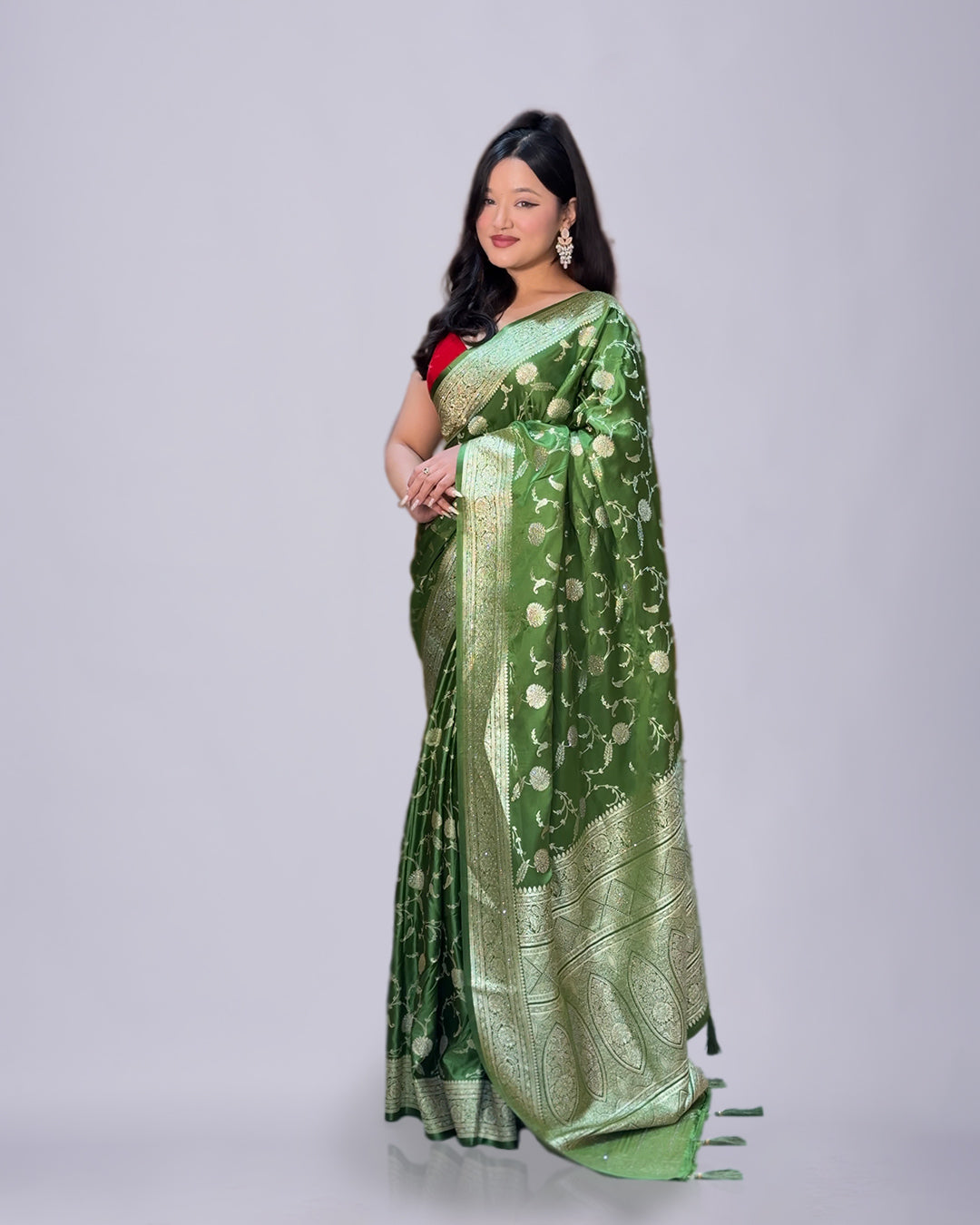 Emerald Heritage Glow – Premium Satin Silk Saree