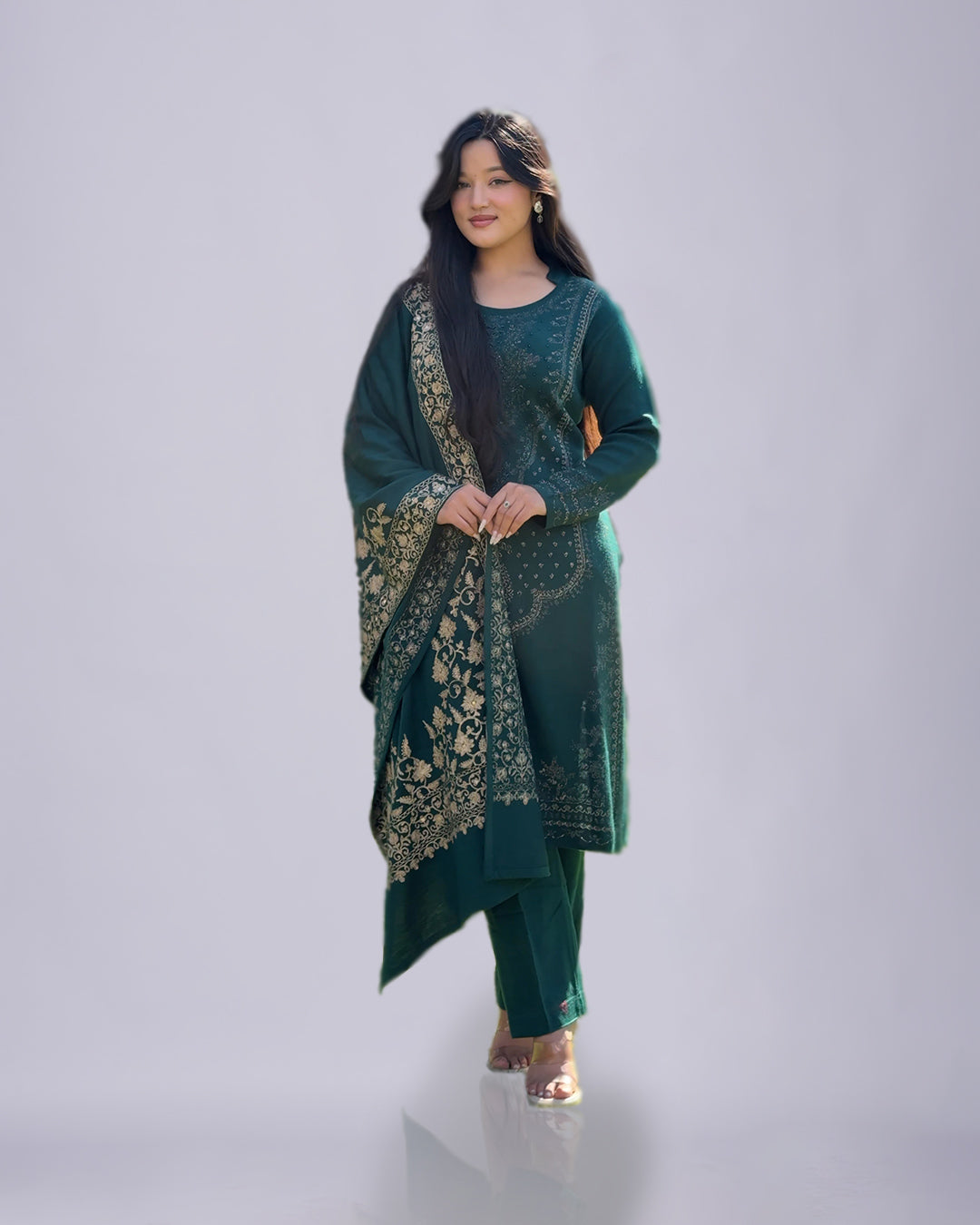 Emerald Grace Winter Charm – Premium Woolen Kurti Set