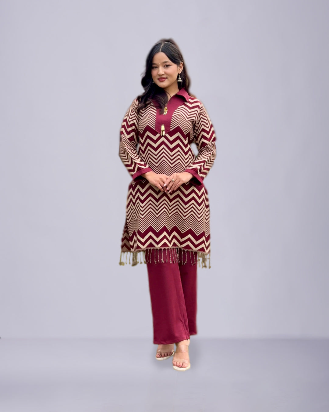 Maroon &amp; Beige Zigzag Woolen Kurti Set
