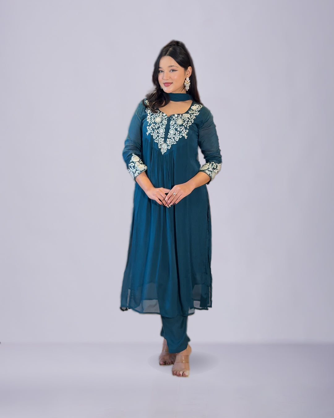 Teal Noor Pure Chinon Kurti Ensemble