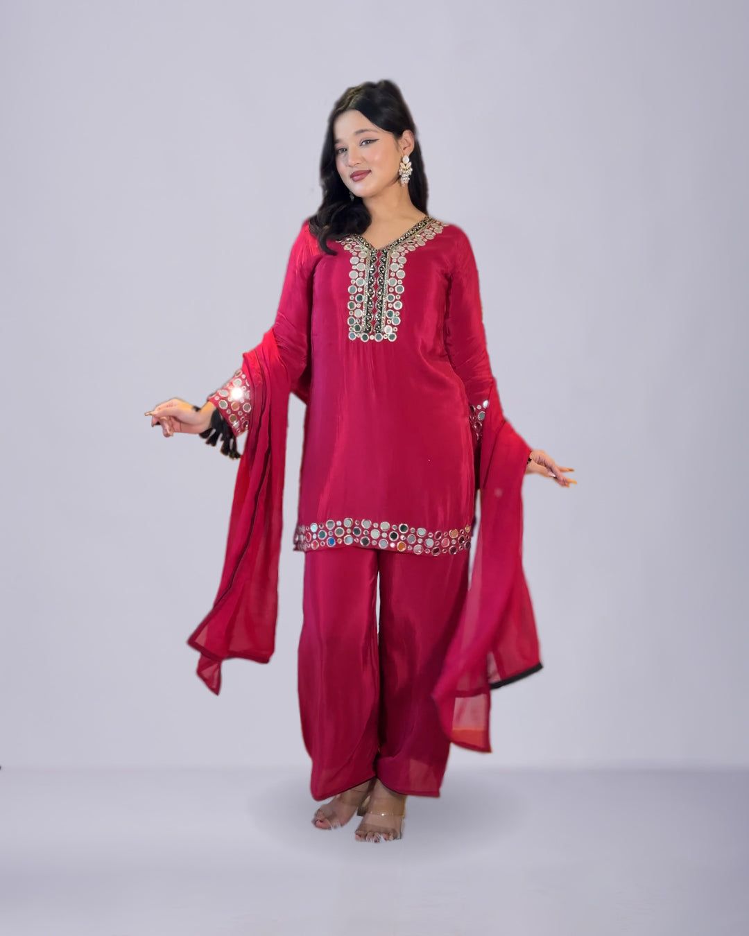 Classic Ruby Mirrorwork Chinon Kurti Set