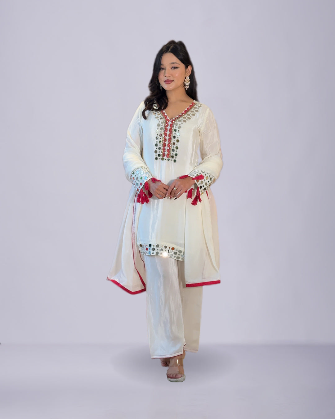 Ivory Grace Mirrorwork Chinon Kurti Set