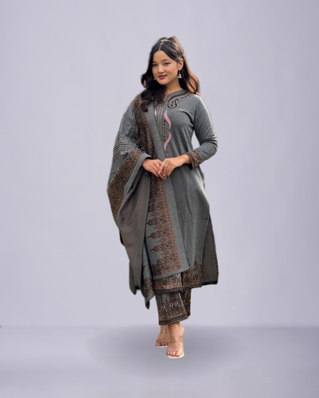 Ash Grey Winter Elegance – Premium Woolen Suit Set