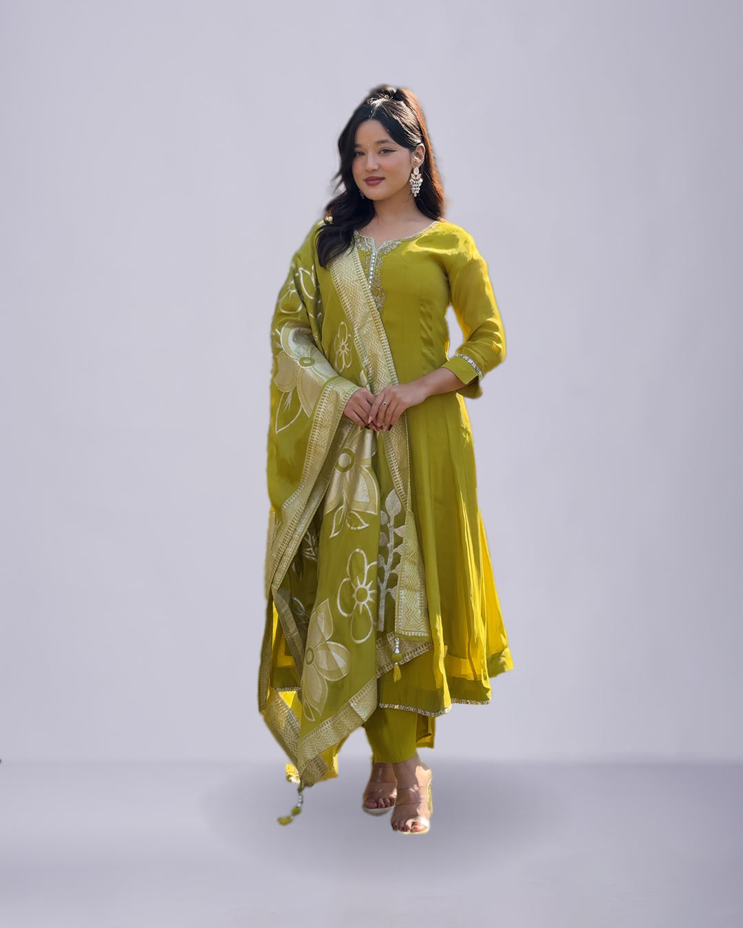 Olive Radiance Grace – Elegant Anarkali Suit Set