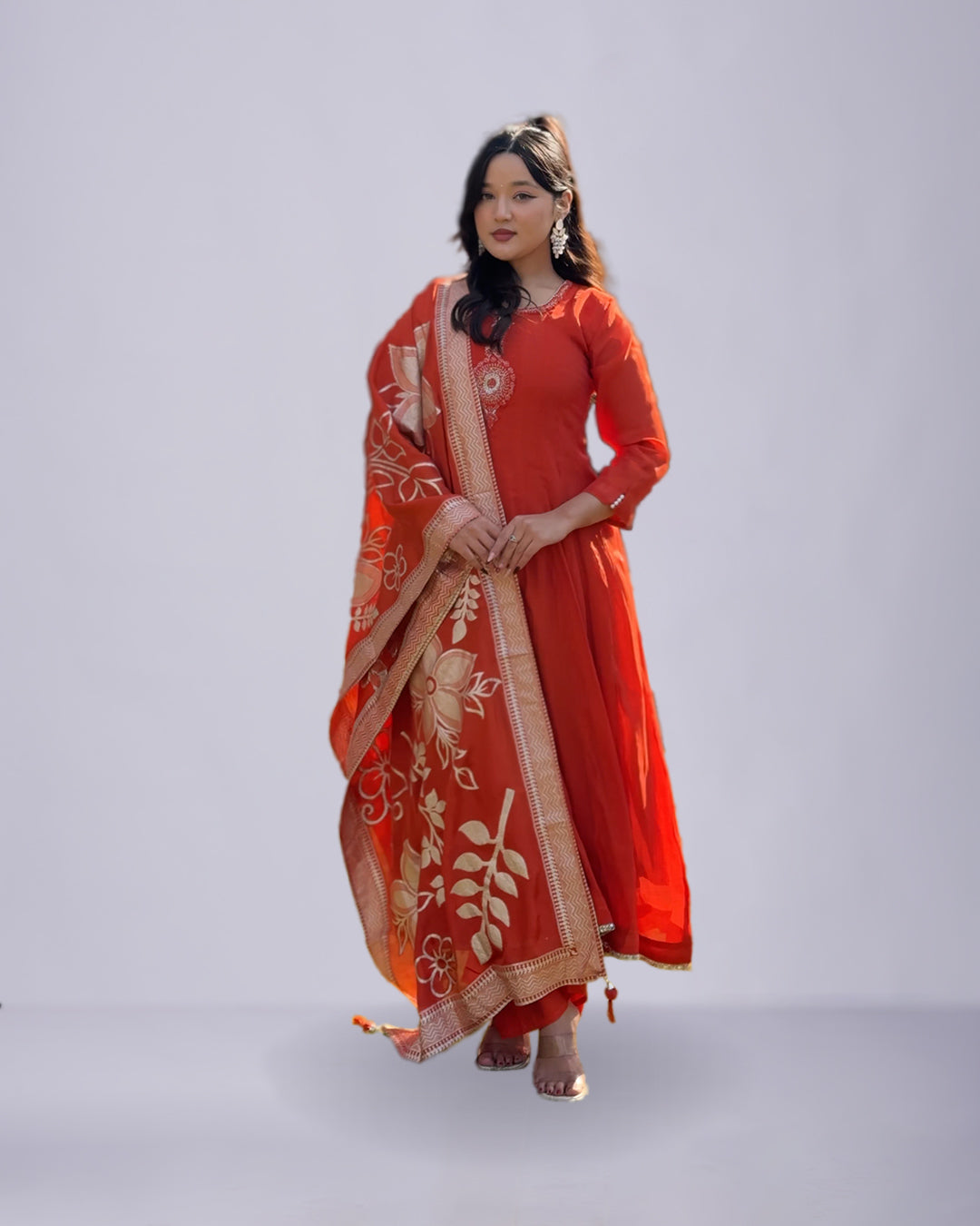 Rust Red Floral Embroidered Anarkali Set