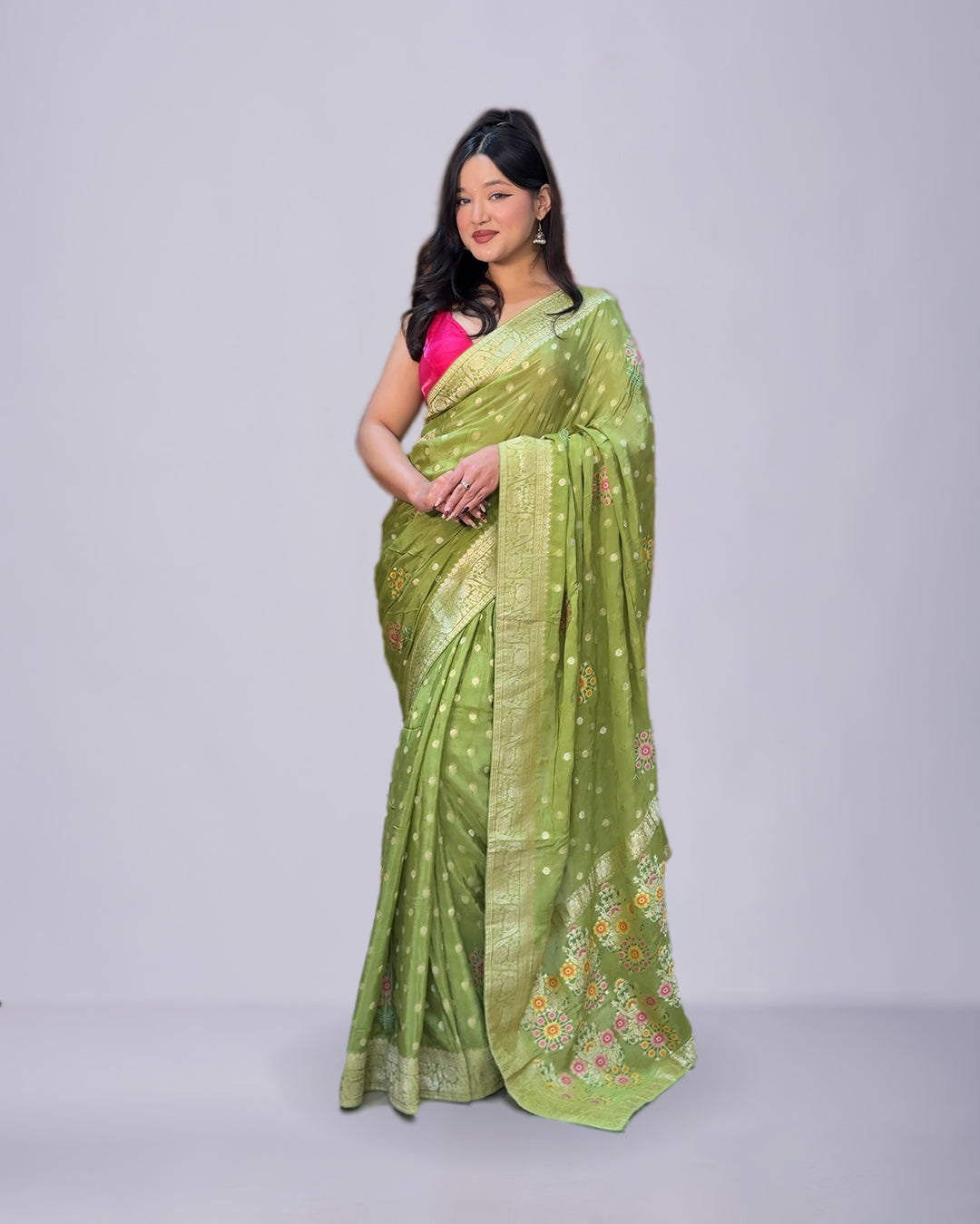 Olive Green Floral Embroidered Pure Chinon Silk Saree