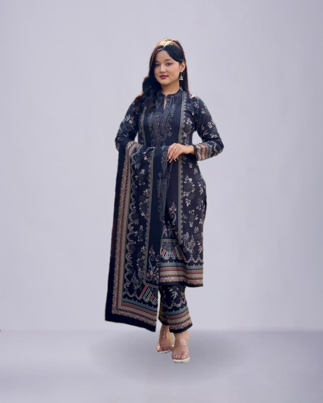 Midnight Black Printed Woolen Suit Set