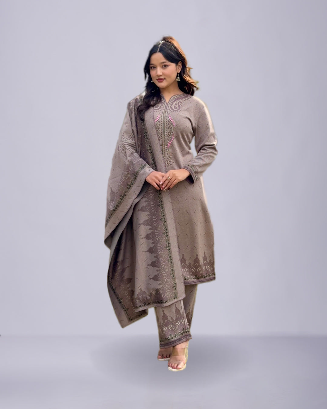 Taupe Heritage Charm – Premium Woolen Embroidered Set
