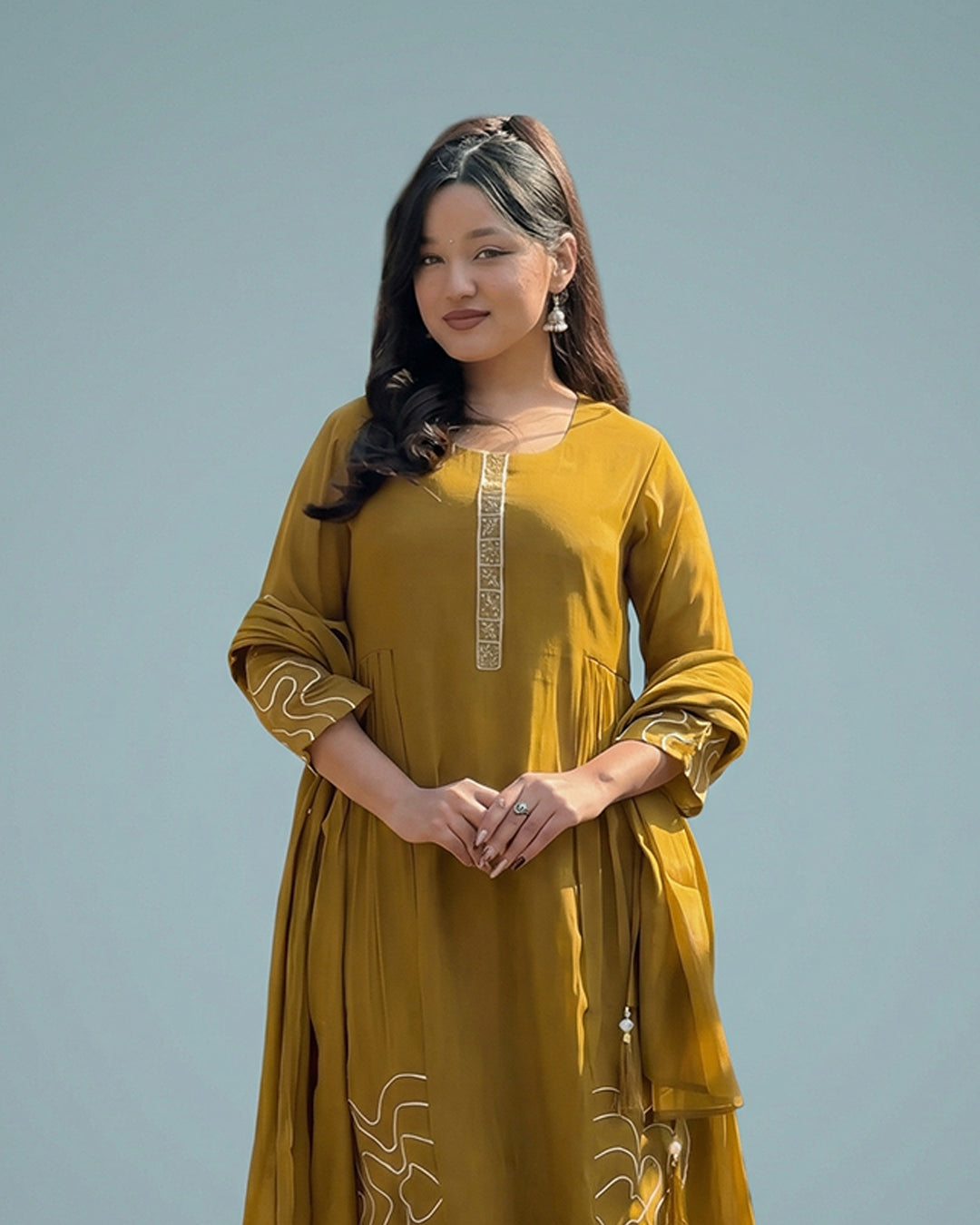Golden Mustard Aura Silk Kurta Set By MAYJU