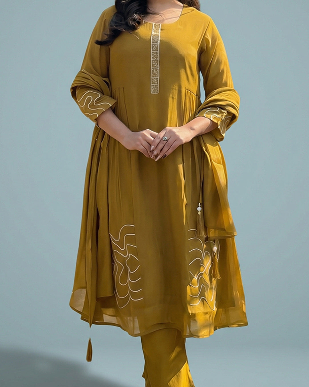 Golden Mustard Aura Silk Kurta Set By MAYJU