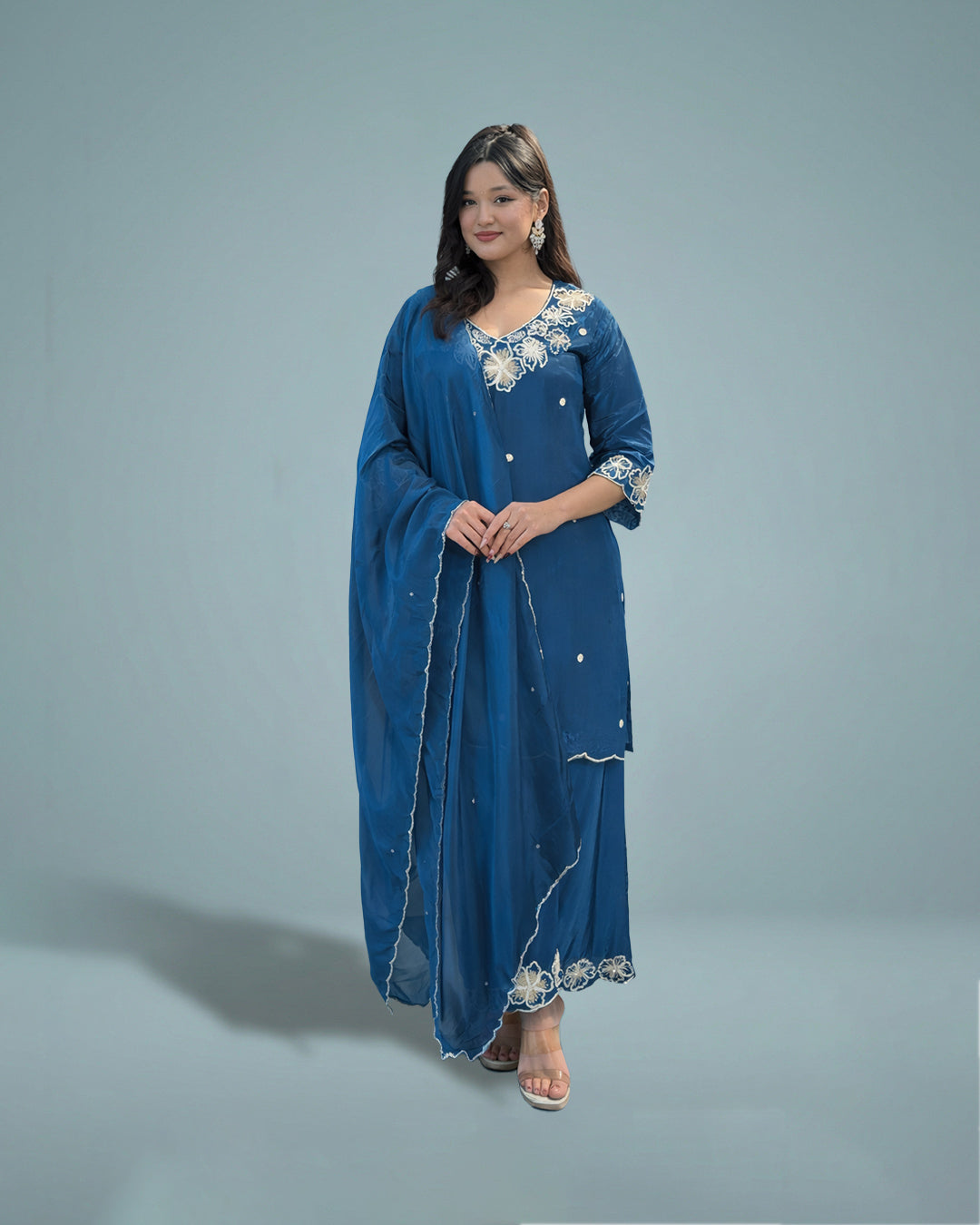 Azure Serenity Grace – Pure Muslin Silk Set By MAYJU
