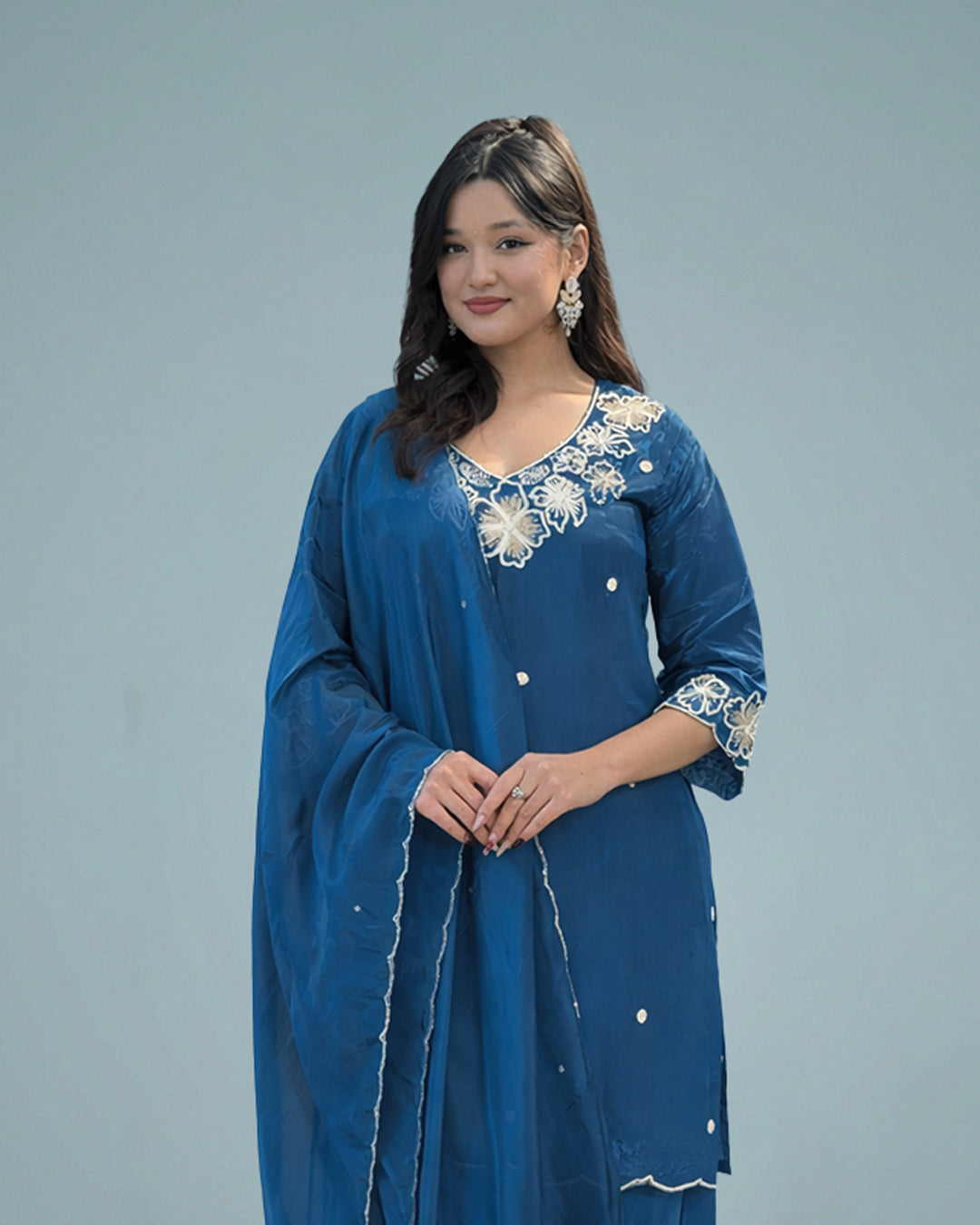 Azure Serenity Grace – Pure Muslin Silk Set By MAYJU