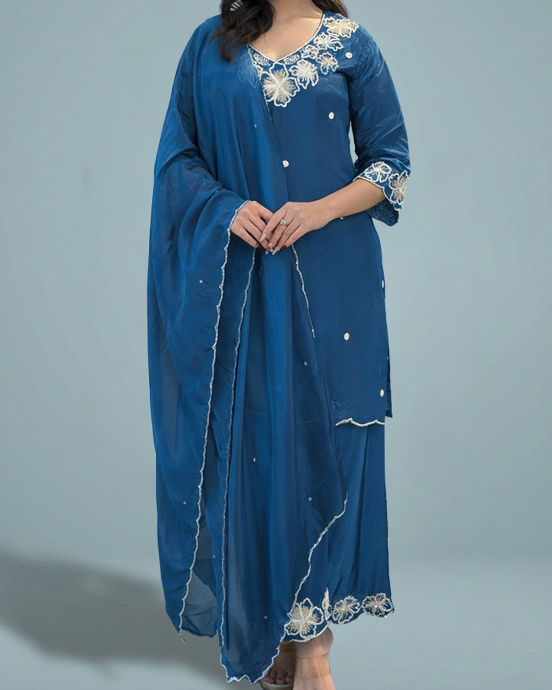 Azure Serenity Grace – Pure Muslin Silk Set By MAYJU