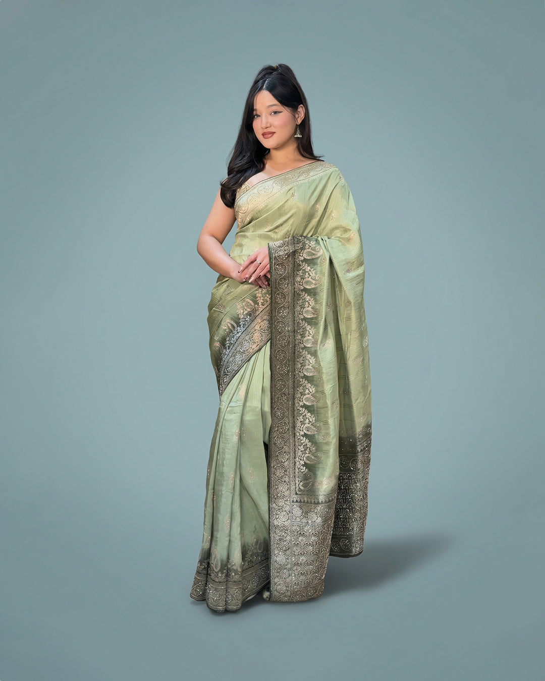 Sage Aura Elegance – Premium Handwork Saree