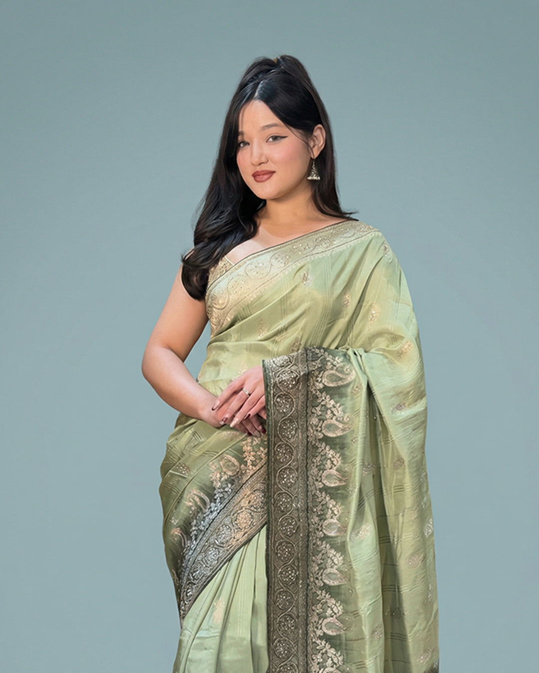 Sage Aura Elegance – Premium Handwork Saree