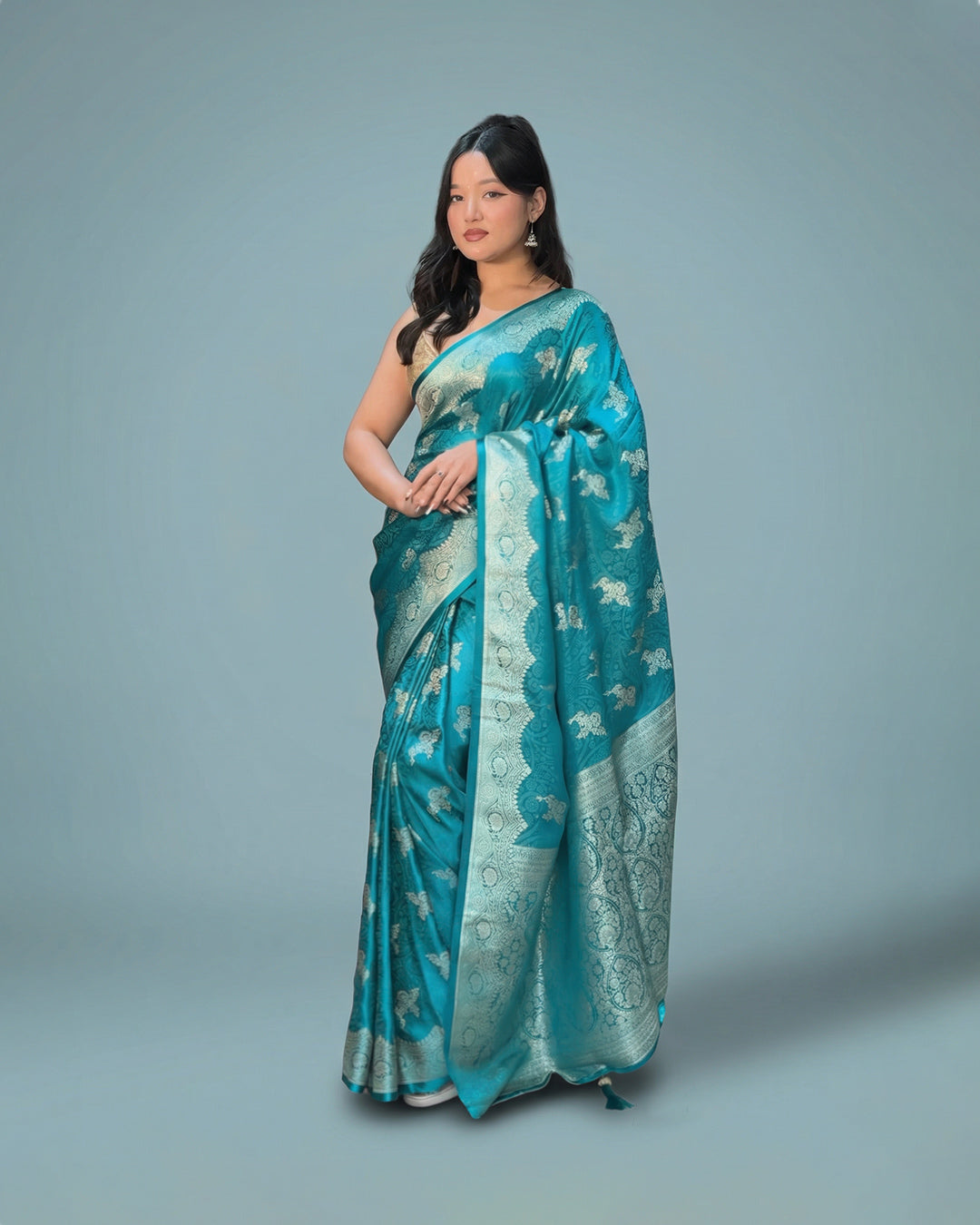  Teal Royal Whisper – Premium Double Sine Silk Saree