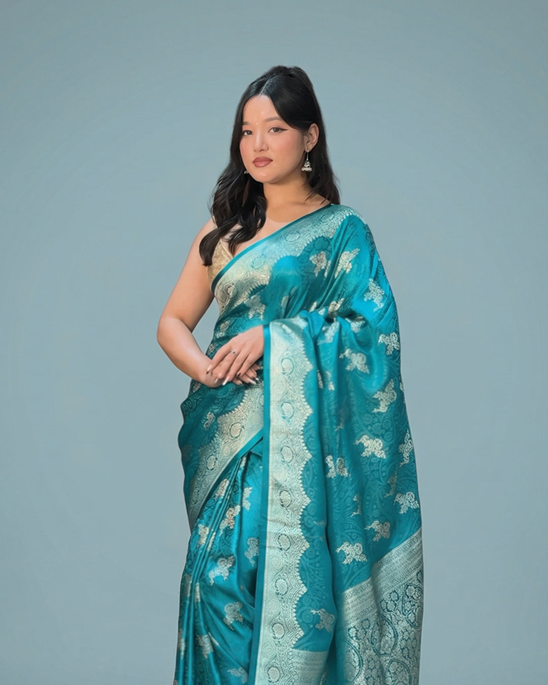 Teal Royal Whisper – Premium Double Sine Silk Saree