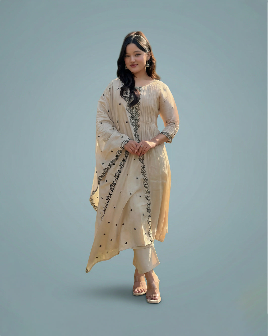 Ivory Bloom Grace – Premium Off-White A-Line Silk Set