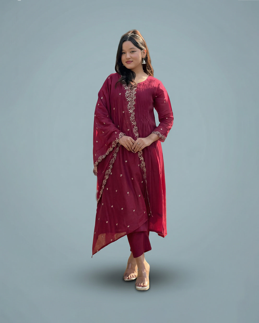 Maroon Bloom Grace – Premium A-Line Silk Set