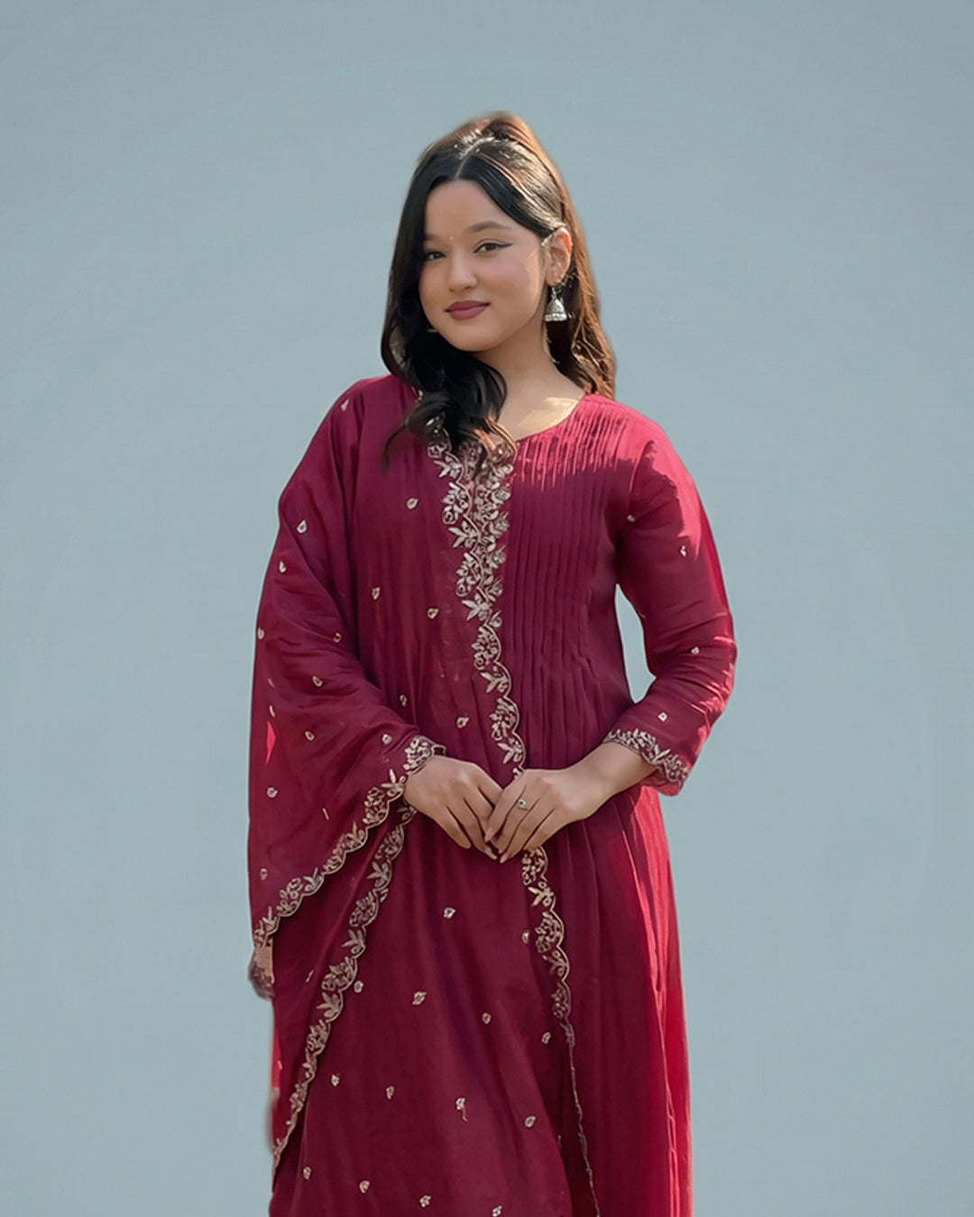 Maroon Bloom Grace – Premium A-Line Silk Set