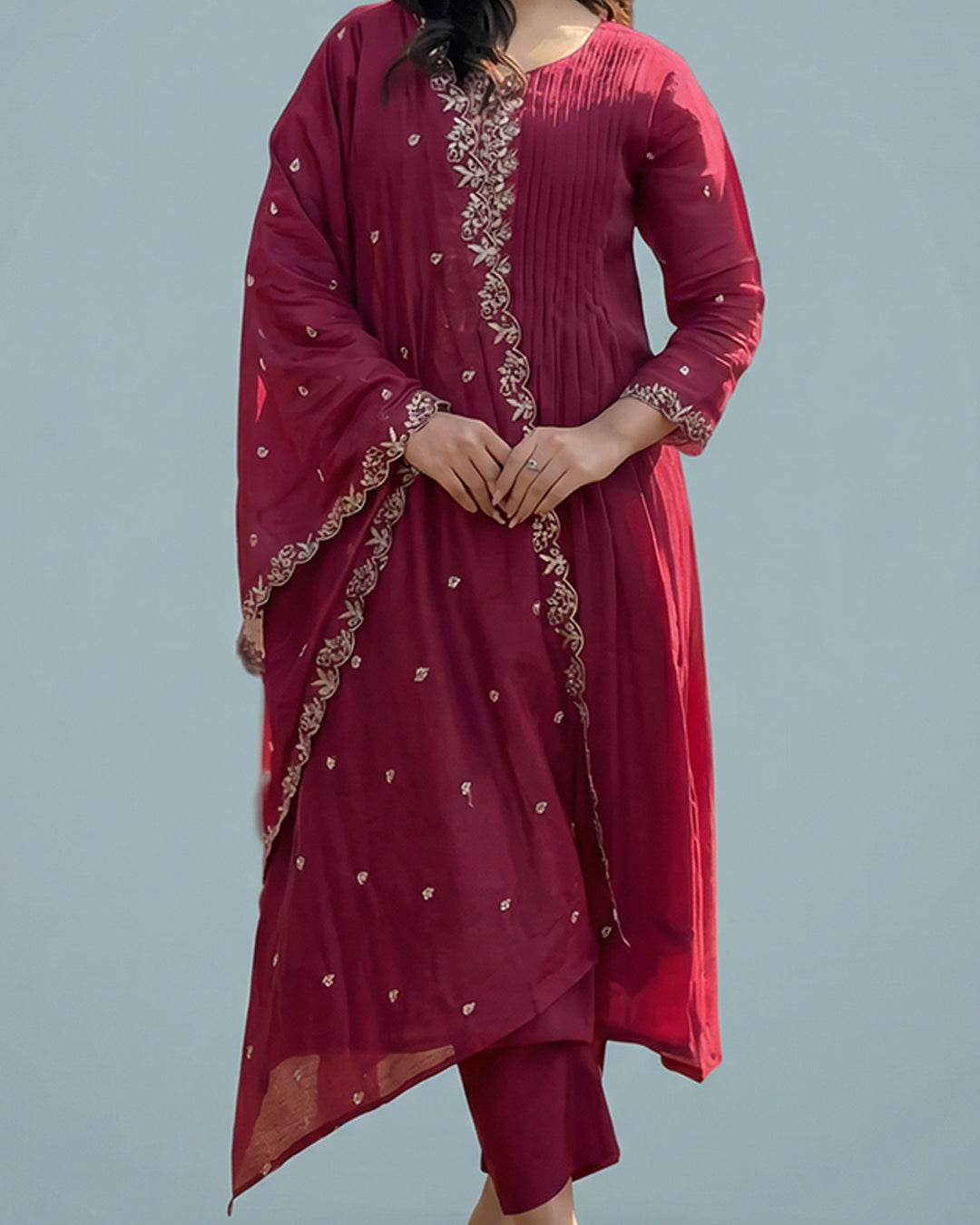 Maroon Bloom Grace – Premium A-Line Silk Set