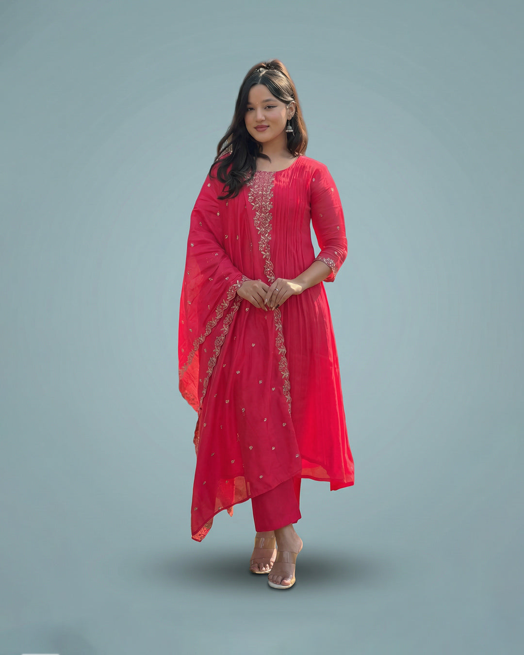 Crimson Bloom Grace – Premium A-Line Silk Set