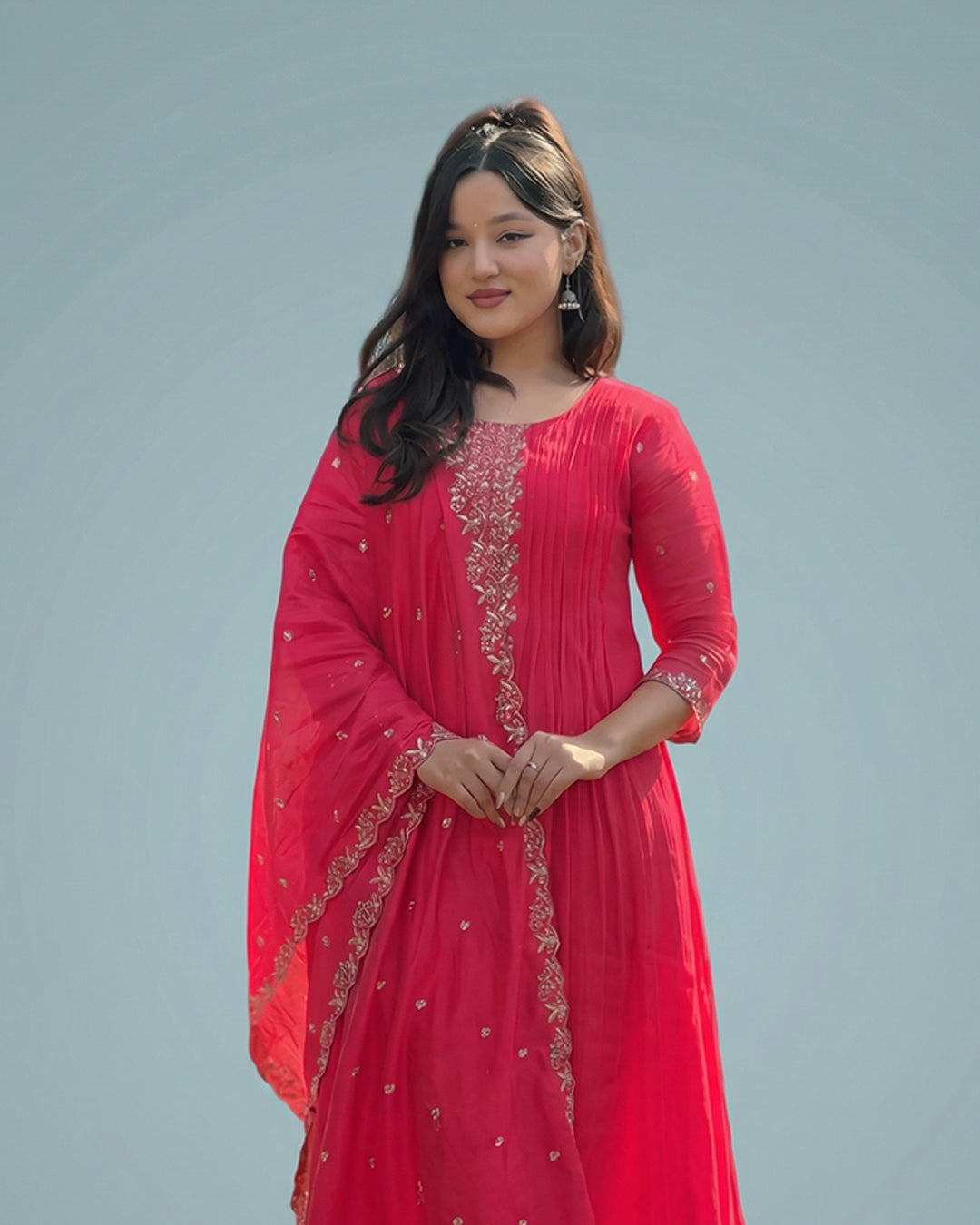 Crimson Bloom Grace – Premium A-Line Silk Set