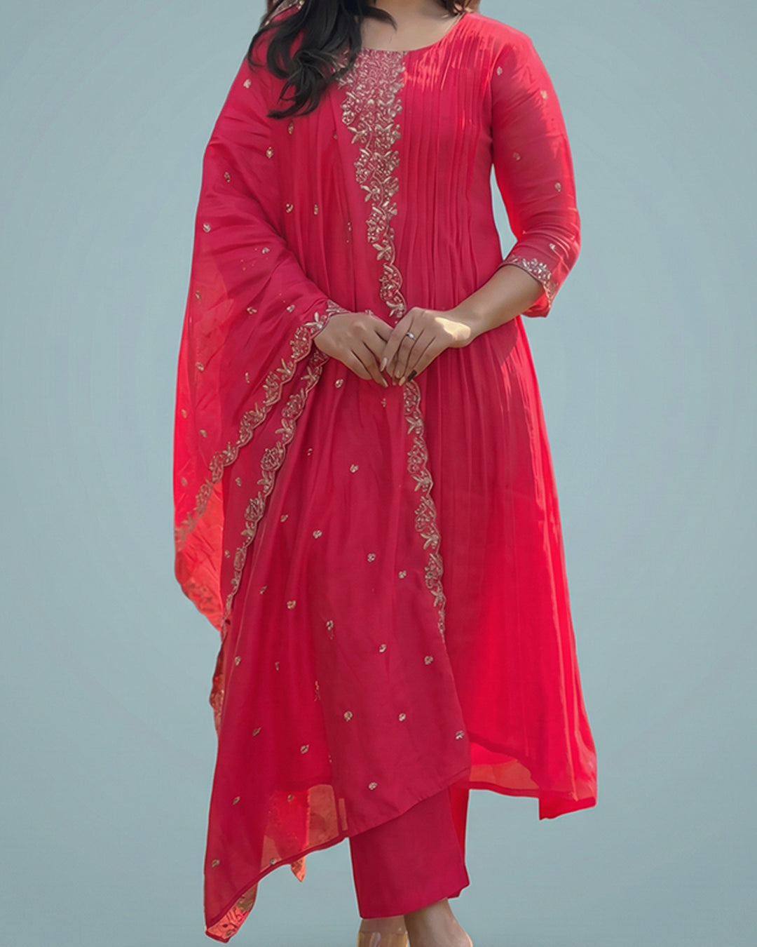 Crimson Bloom Grace – Premium A-Line Silk Set