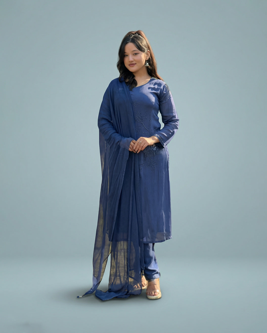 Midnight Blue Elegance Chinon Pakistani Set By MAYJU