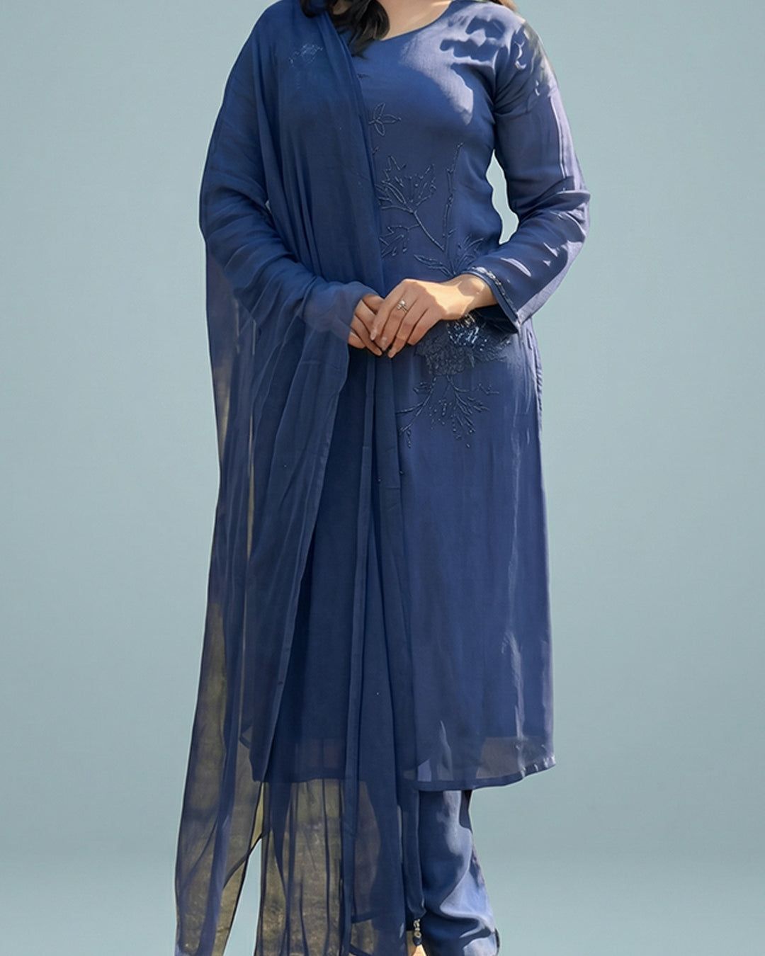 Midnight Blue Elegance Chinon Pakistani Set By MAYJU