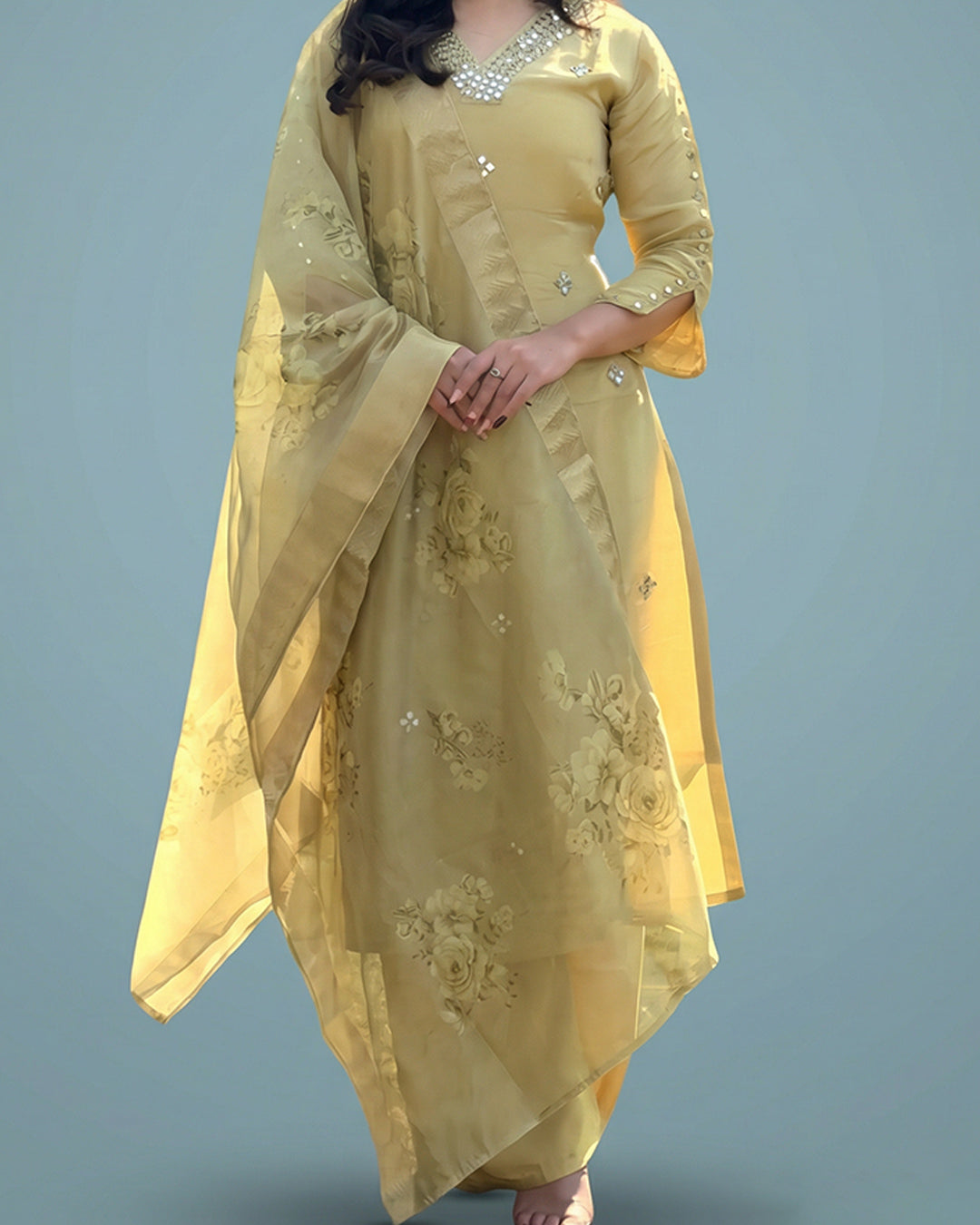 Sunlit Blossom Elegance – Premium Pakistani Silk Suit Set