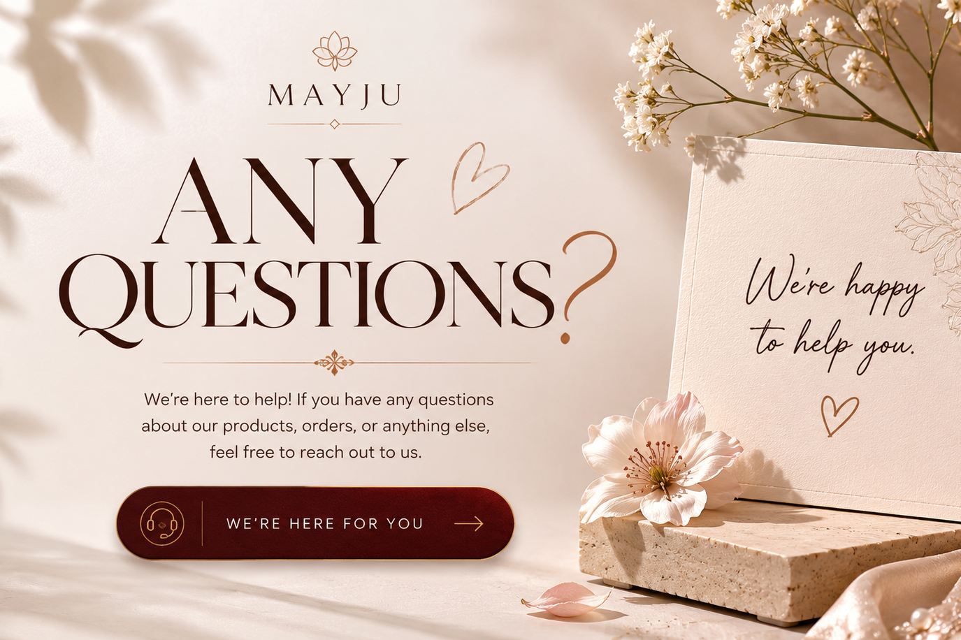 Mayju customer service banner with a card and flowers on a soft background