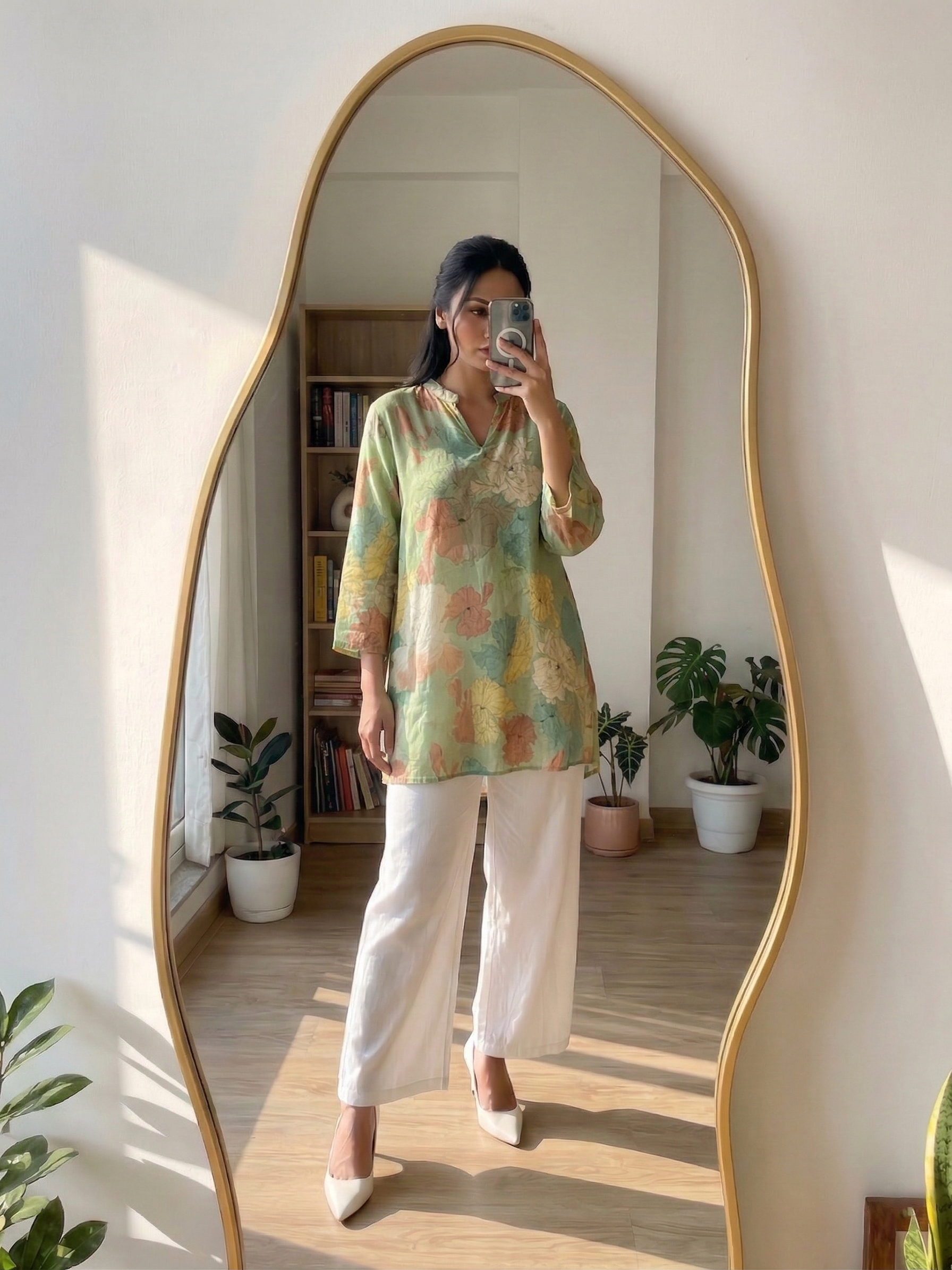 Person taking a mirror selfie wearing a colorful kurthi and white pants in a room with plants and bookshelves.