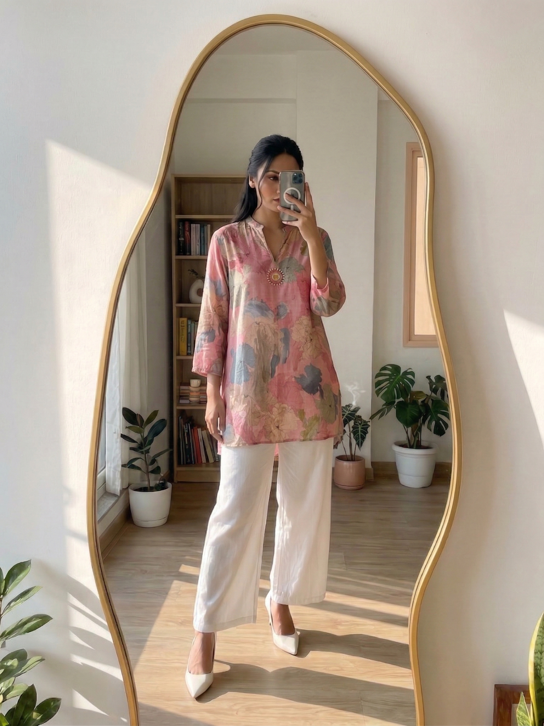 Person taking a mirror selfie wearing a floral kurthi and white pants in a room with plants and bookshelves.