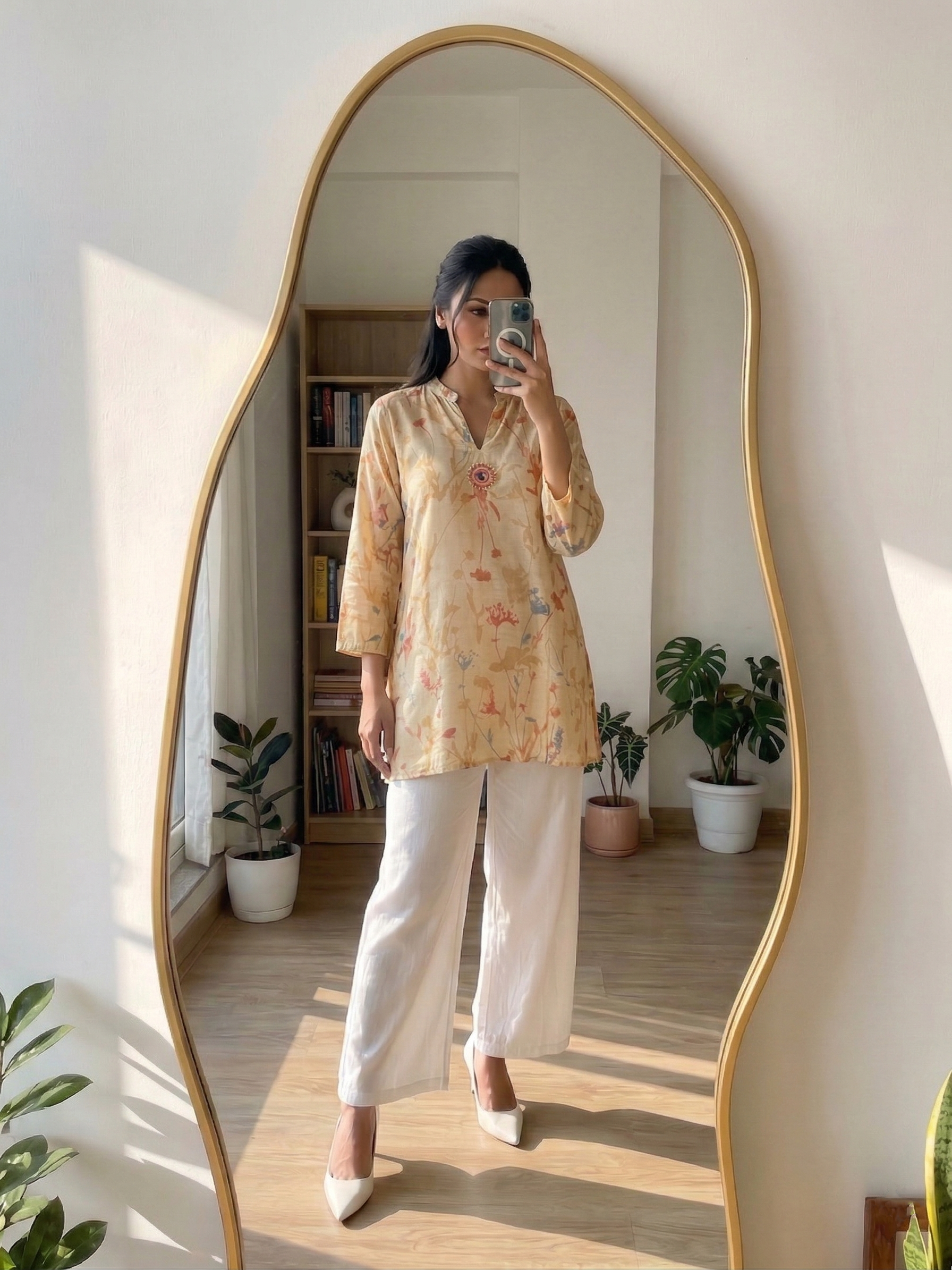 Person taking a mirror selfie wearing a floral kurthi and white pants in a room with plants and bookshelves.
