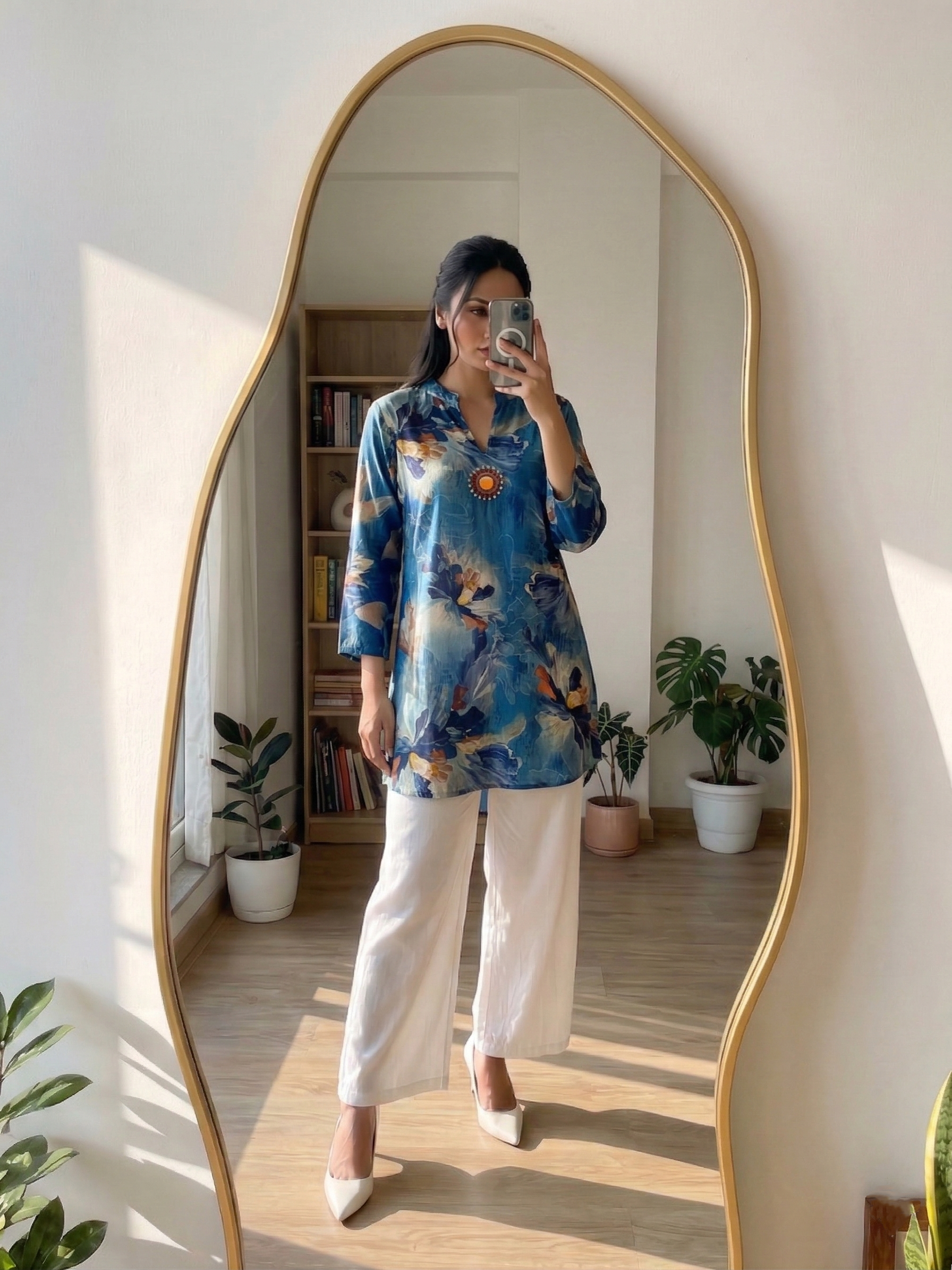 Person taking a mirror selfie wearing a blue floral kurthi and white pants in a room with plants and bookshelves.