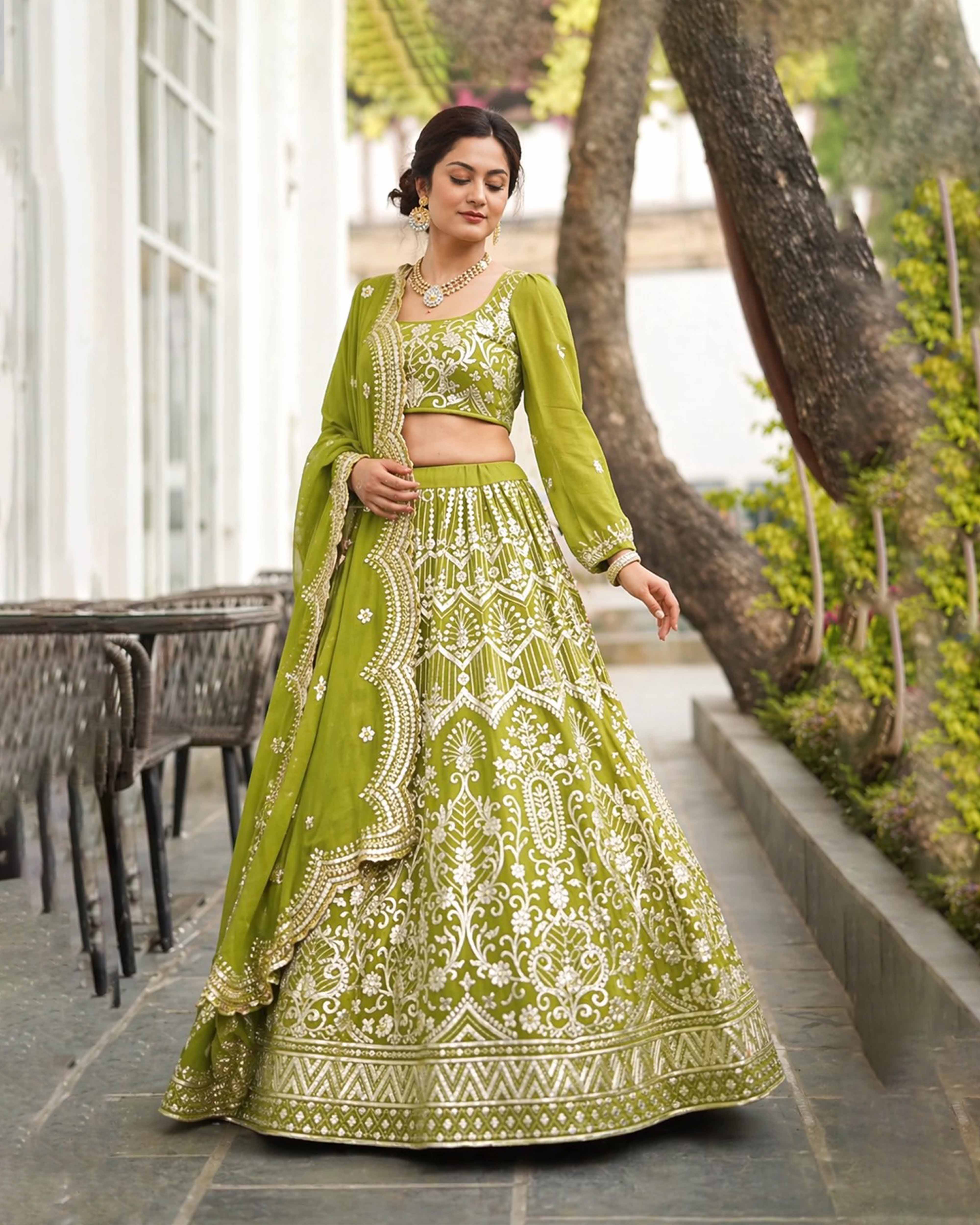 Lime Green Embroidered Lehenga Choli Set with Scalloped Dupatta By Mayju