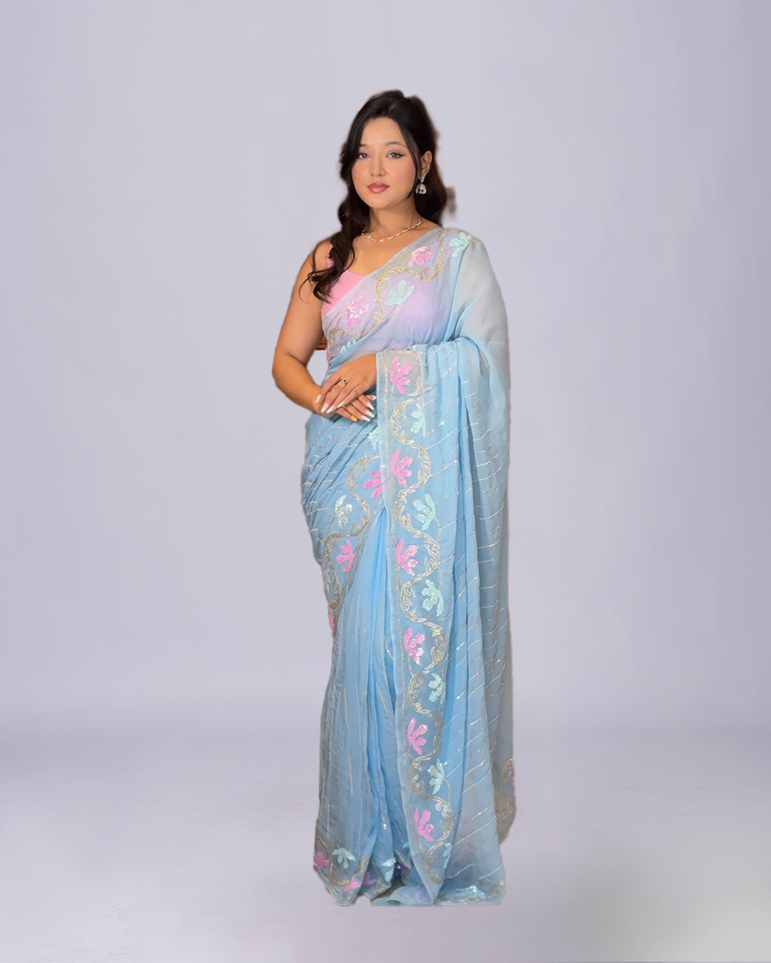 Serene Bloom Sky Blue Silk Saree