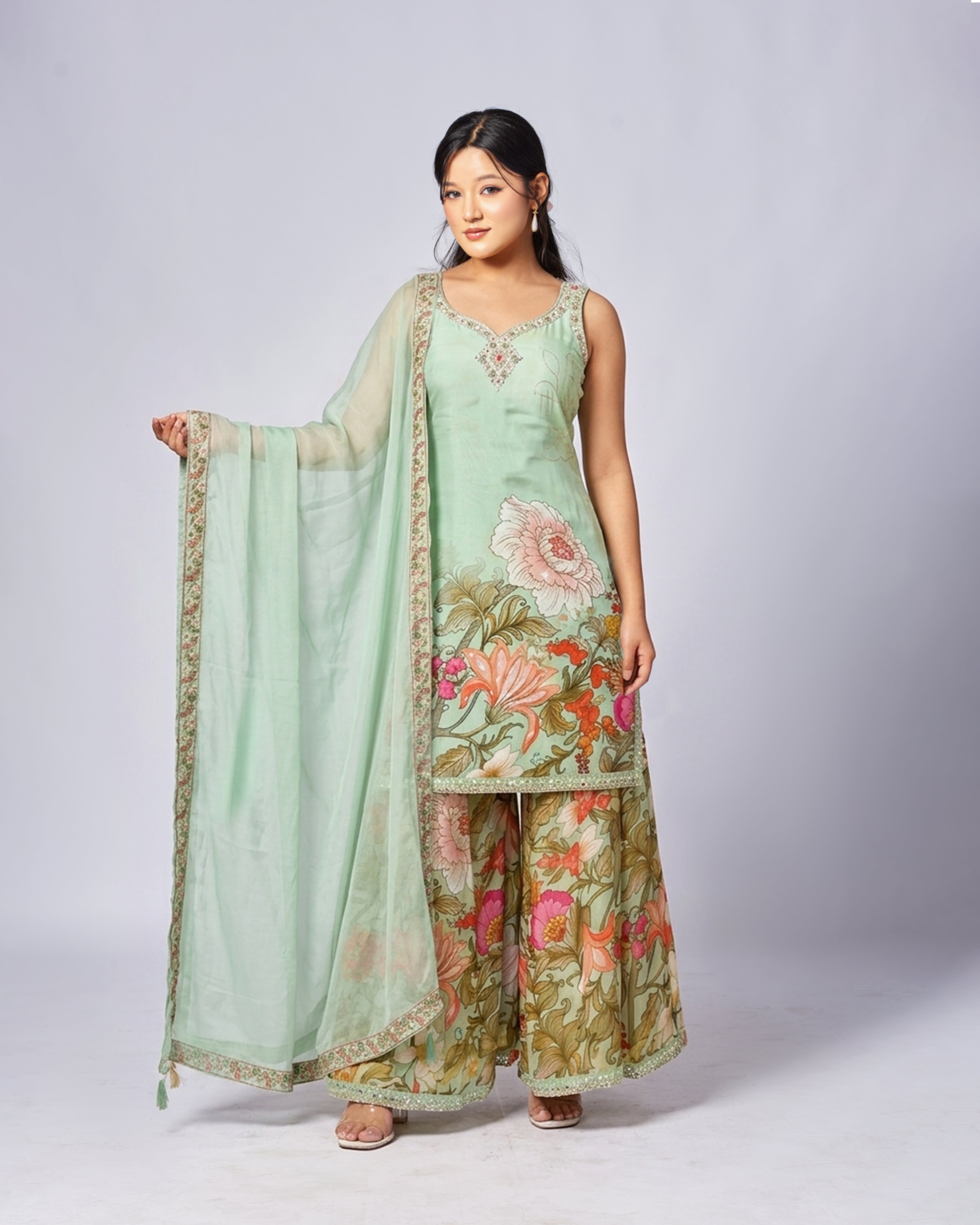 Woman wearing a floral traditional outfit with a light green dupatta on a white background
