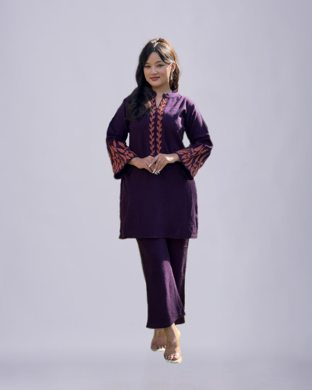 Purple Winter Grace – Premium Woolen Embroidered Kurtha Set