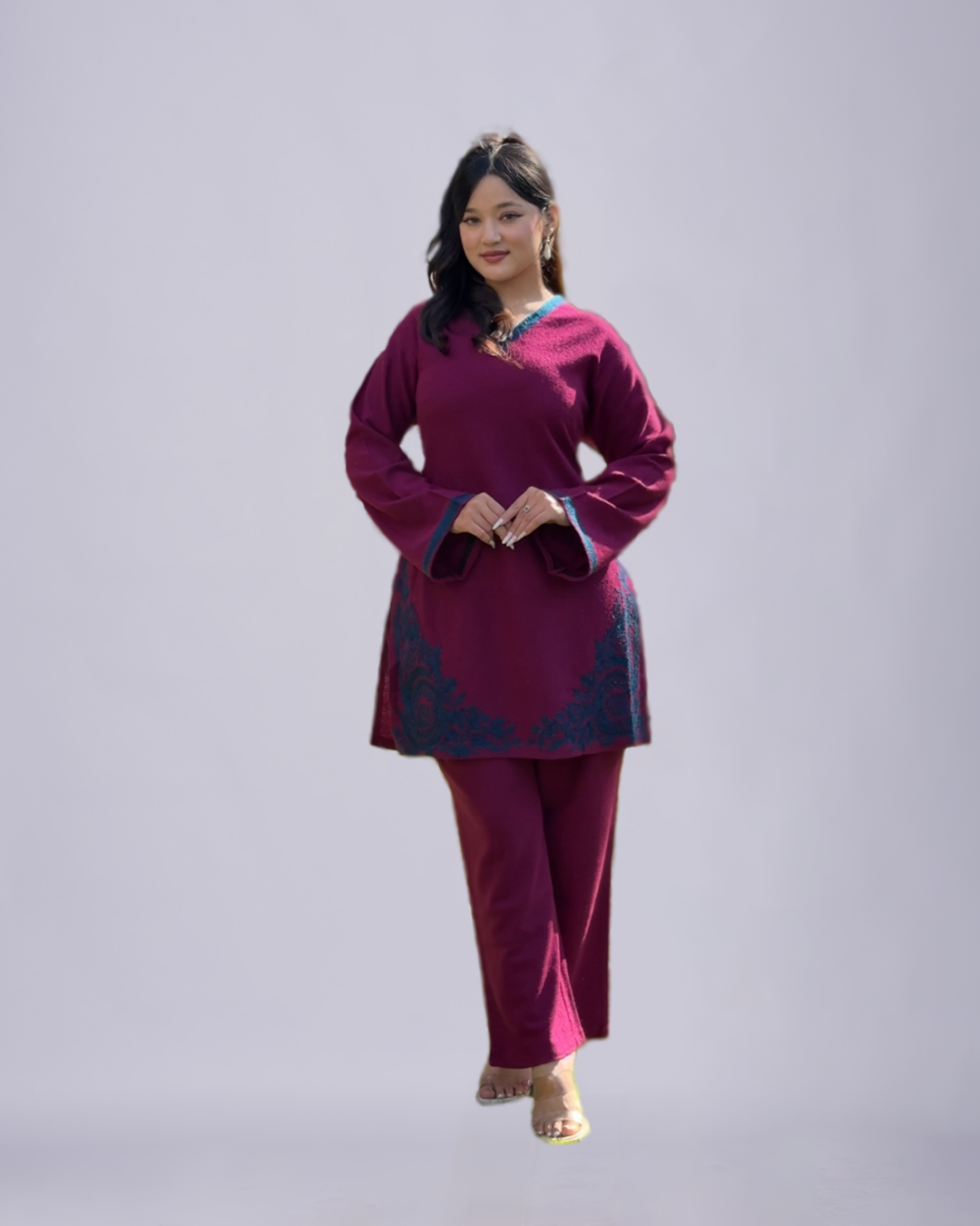 Crimson Winter Grace – Premium Woolen Embroidered Kurtha Set