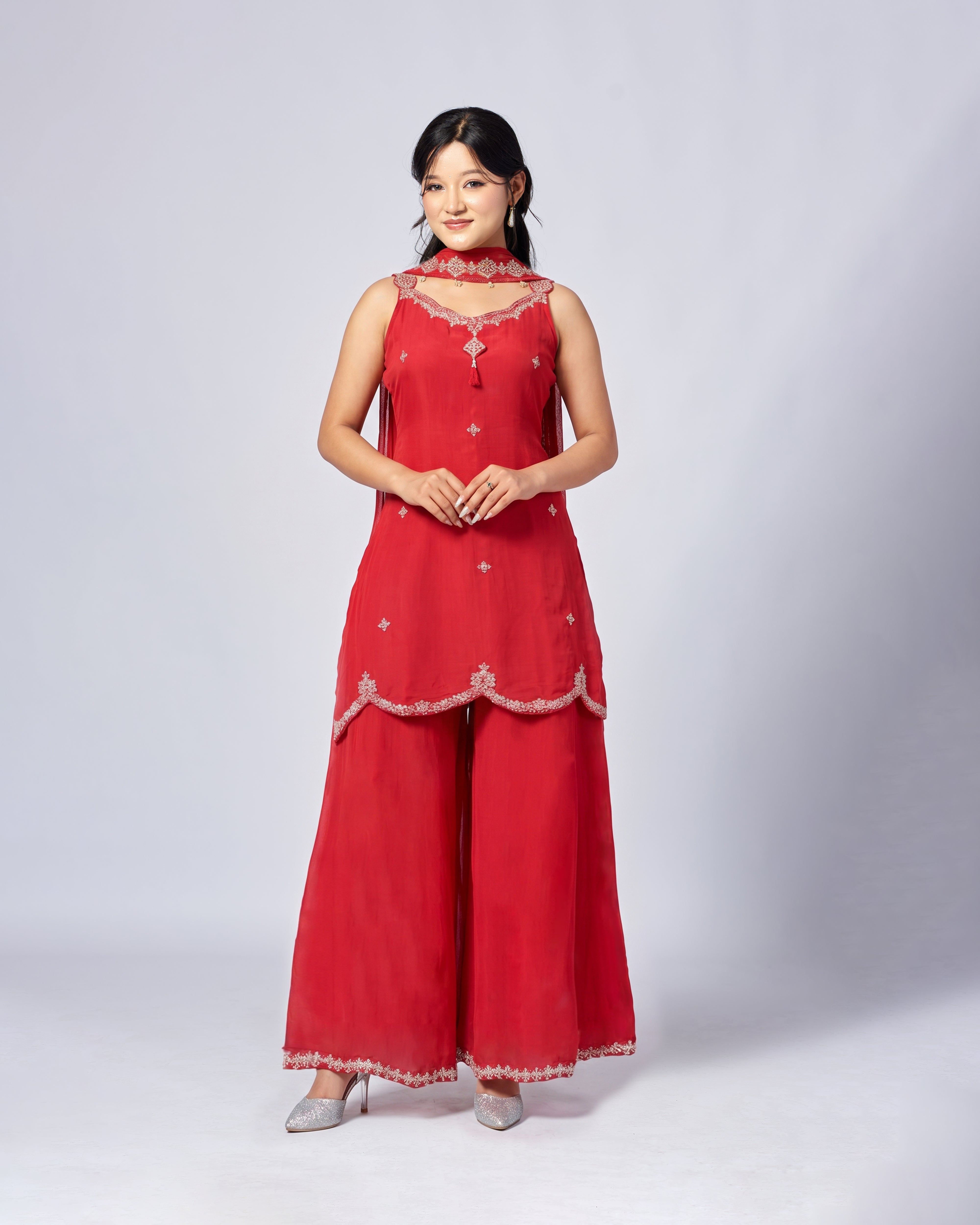 This exquisitely designed Upada silk sharara set embodies heritage elegance, richness, and timeless festive sophistication. 