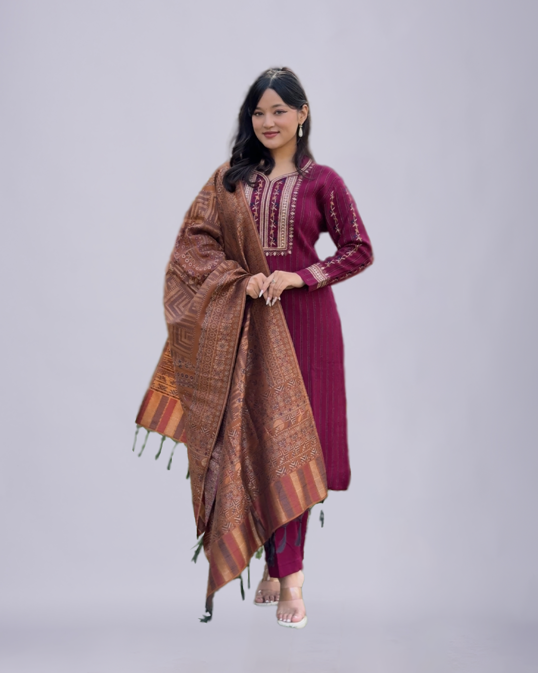 Maroon Heritage Luxe – Woolen Embroidered Shawl Set