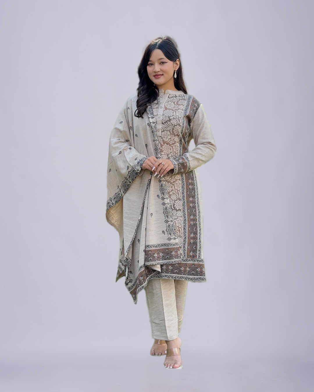 Vintage Ivory Grace – Woolen Printed Suit Set
