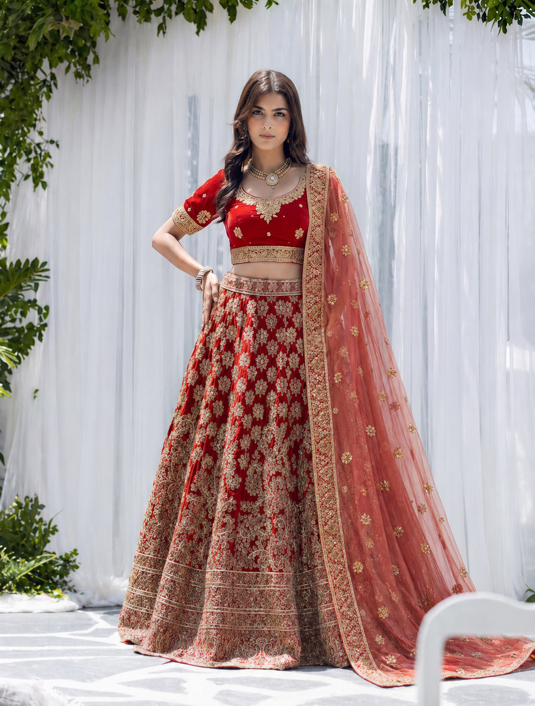 The Regal Crimson Velvet Heritage Lehenga Set By Mayju