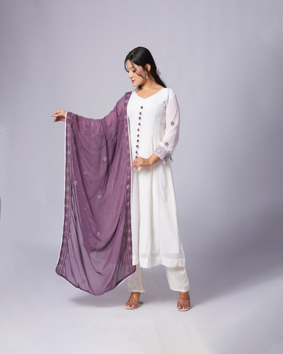 Plum Whisper – White Anarkali Kurthi Set