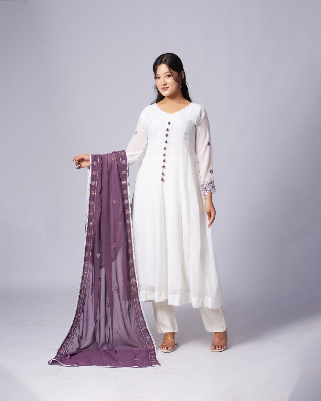 Plum Whisper – White Anarkali Kurthi Set