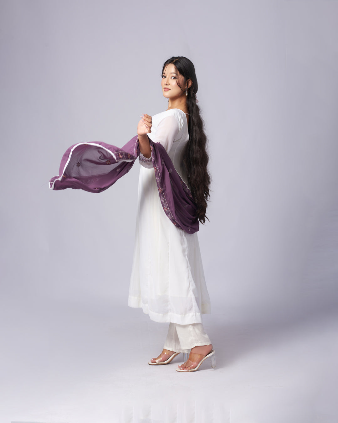 Plum Whisper – White Anarkali Kurthi Set